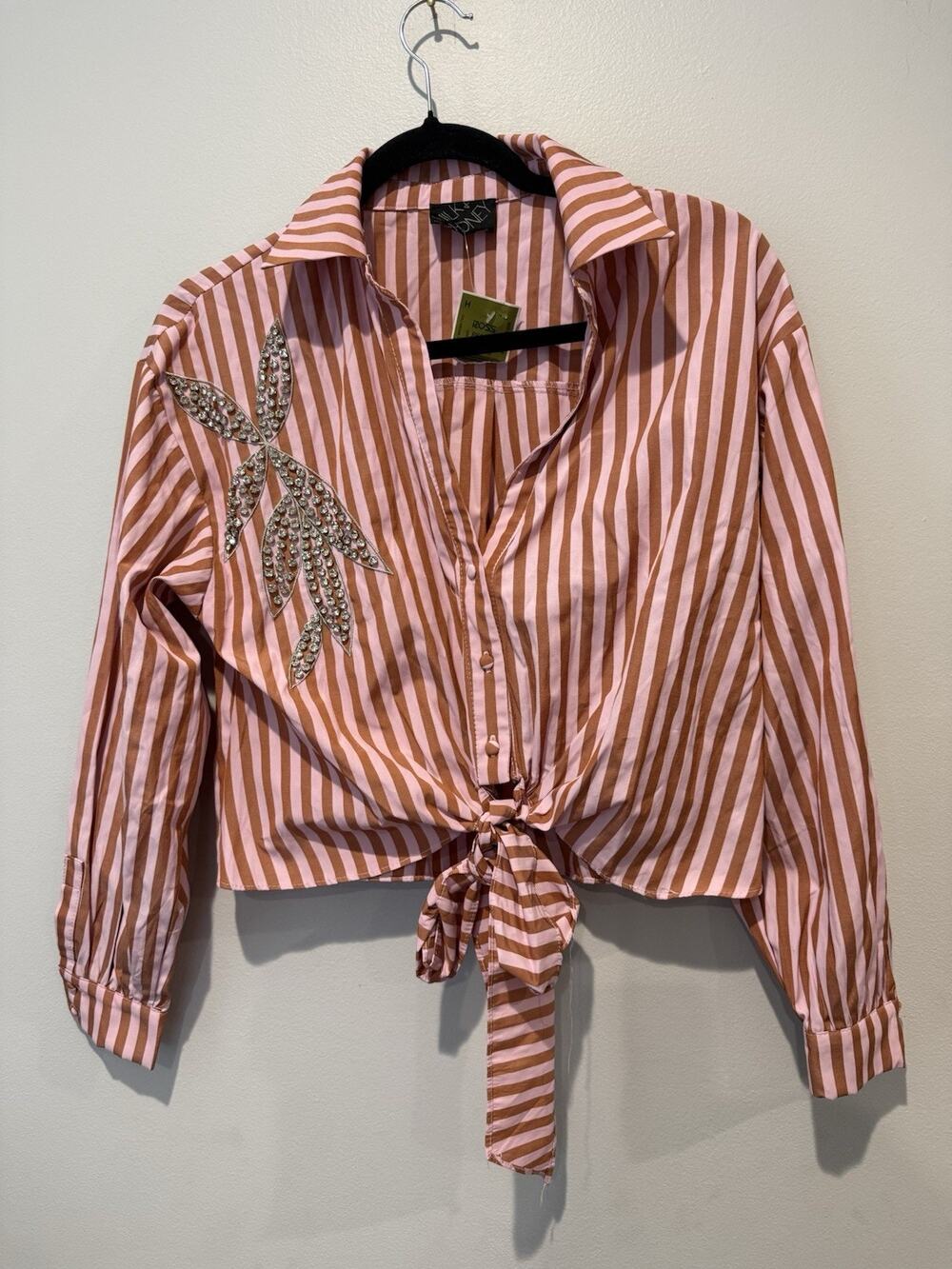 NWT Milk & Honey Long Cuffed Sleeve Button Blouse Top Striped Tie Front Small